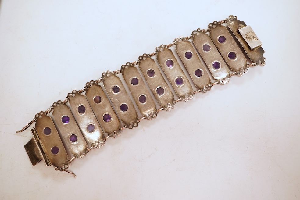 Matl Salas, a rare amethyst, coral and turquoise bracelet, Mexico, mid 20th century, composed of rectangular links set with pyramidal amethysts, coral cabochons and cylindrical turquoise beads, connected at each end by w